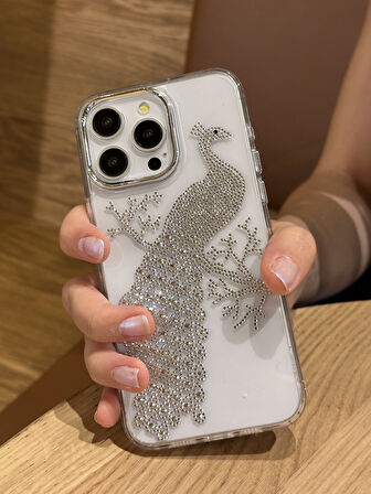 iPhone 15 Pro Uyumlu Taşlı Tavuskuşu Desenli Şeffaf Kılıf