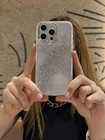 iPhone 15 Pro Uyumlu Taşlı Tavuskuşu Desenli Şeffaf Kılıf