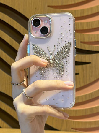 iPhone 14 Plus Uyumlu Ortası Taş Detaylı Kelebek Desenli Şeffaf Kılıf