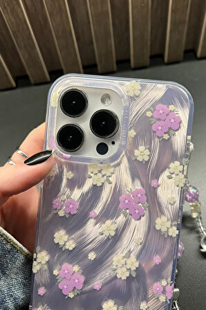 iPhone 16 Pro Uyumlu Lila Çiçekli Desenli Boncuklu Bilek Askılı Charmlı Kılıf