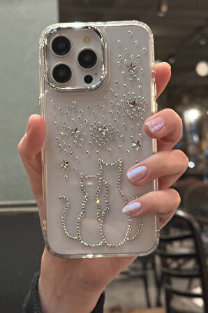 iPhone 15 Pro Max Uyumlu Taşlı Çift Kedi Desenli Şeffaf Kılıf