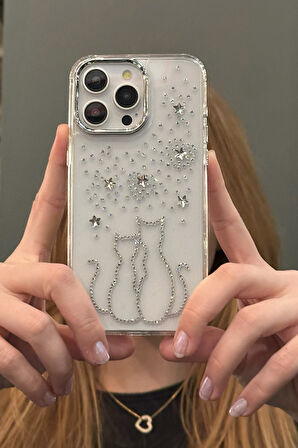 iPhone 15 Pro Max Uyumlu Taşlı Çift Kedi Desenli Şeffaf Kılıf