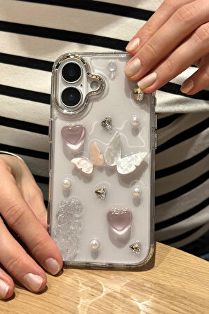 iPhone 16 Plus Uyumlu Sedef Kelebek Kalp Kristal Taş Figürlü Şeffaf Kılıf