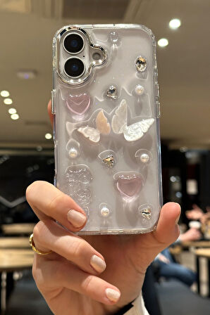 iPhone 16 Plus Uyumlu Sedef Kelebek Kalp Kristal Taş Figürlü Şeffaf Kılıf