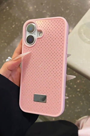 iPhone 16 Plus Uyumlu Elmas Pırlanta Taşlı Pembe Kılıf