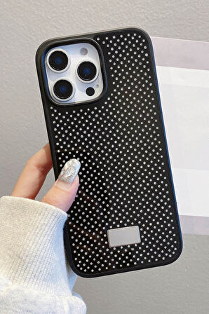 iPhone 16 Pro Uyumlu Elmas Pırlanta Taşlı Siyah Kılıf