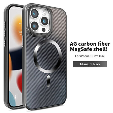iPhone 15 Pro Max Uyumlu Titanyum Siyah Karbon Fiber MagSafe Özellikli Kılıf