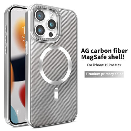 iPhone 15 Pro Max Uyumlu Titanyum Gri Karbon Fiber MagSafe Özellikli Kılıf