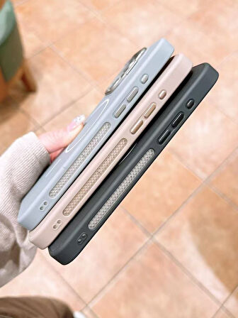iPhone 11 Uyumlu İnce MagSafe Çizgili Metal Kamera Çerçeve Standlı Gri Kılıf