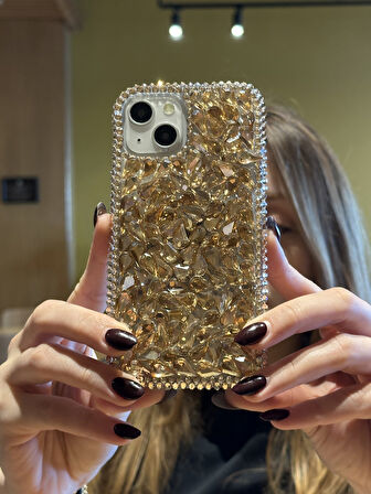 iPhone 14 Plus Ve 15 Plus Uyumlu Lüks Gold Kristal Taşlı Kılıf