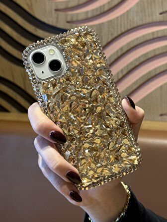 iPhone 14 Plus Ve 15 Plus Uyumlu Lüks Gold Kristal Taşlı Kılıf