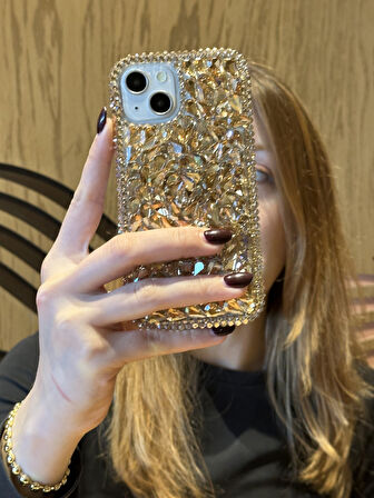 iPhone 14 Plus Ve 15 Plus Uyumlu Lüks Gold Kristal Taşlı Kılıf