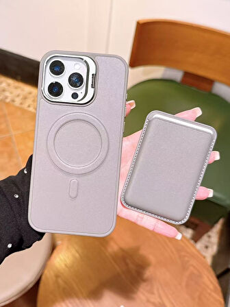 iPhone 13 Pro Max Uyumlu Premium Titanyum Gri Deri Magsafe Cüzdanlı Kartlıklı Kamera Çerçeve Standlı Kılıf
