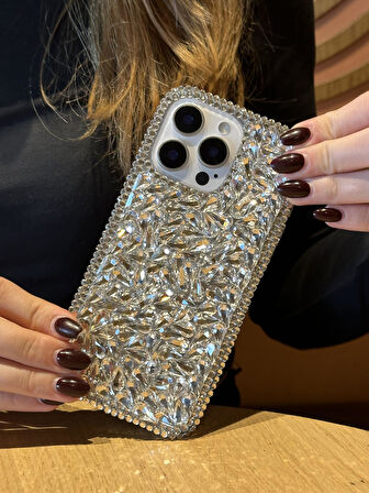 iPhone 15 Pro Uyumlu Lüks Gümüş Kristal Taşlı Kılıf