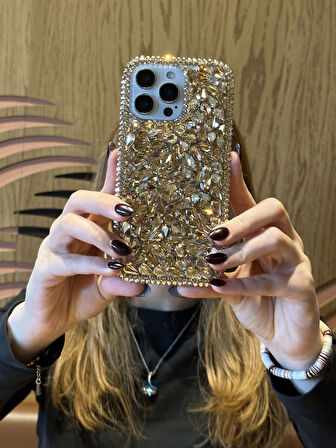 iPhone 15 Pro Uyumlu Lüks Gold Kristal Taşlı Kılıf