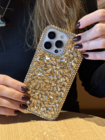 iPhone 15 Pro Uyumlu Lüks Gold Kristal Taşlı Kılıf