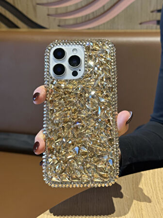 iPhone 15 Pro Uyumlu Lüks Gold Kristal Taşlı Kılıf