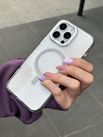 iPhone 15 Pro Max Uyumlu Sararmaz Sert Mika MagSafe Pırlanta Taşlı Şeffaf Kılıf