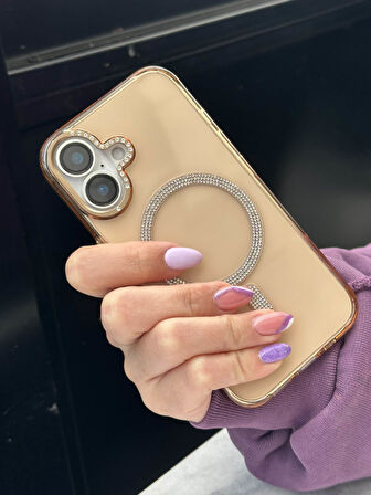 iPhone 16 Uyumlu Sararmaz Sert Mika MagSafe Pırlanta Taşlı Şeffaf Gold Kılıf