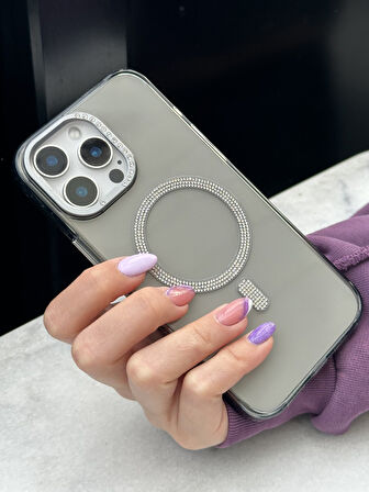 iPhone 16 Pro Uyumlu Sararmaz Sert Mika MagSafe Pırlanta Taşlı Şeffaf Siyah Kılıf