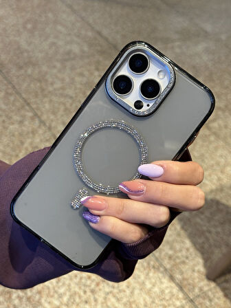 iPhone 16 Pro Uyumlu Sararmaz Sert Mika MagSafe Pırlanta Taşlı Şeffaf Siyah Kılıf