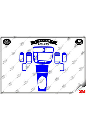 Honda Civic 2001- 2006 Torpido Konsol Trim Göğüs Maun Kaplama Set 11 Parça Mavi