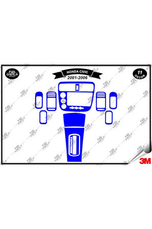 Honda Civic 2001- 2006 Torpido Konsol Trim Göğüs Maun Kaplama Set 11 Parça Mavi