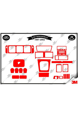 Fiat Tofaş/ŞahinS-1997-2002 Torpido Konsol Trim Göğüs Maun Kaplama Set 26 Parça Kırmızı