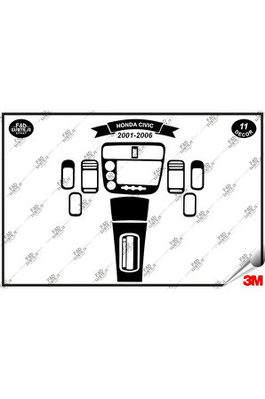 Honda Civic 2001- 2006 Torpido Konsol Trim Göğüs Maun Kaplama Set 11 Parça Siyah