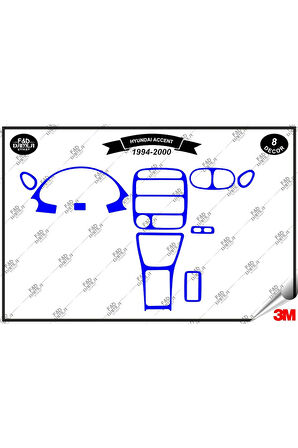 Hyundai Accent 1994-2000 Torpido Konsol Trim Göğüs Maun Kaplama Set 8 Parça Mavi