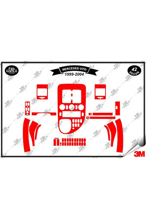 Mercedes Vito 1999-2004 Torpido Konsol Trim Göğüs Maun Kaplama Set 42 Parça Kırmızı