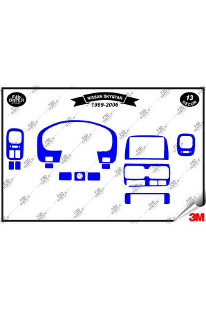 Nissan Pick-Up Skystar 1999-2006 Torpido Konsol Trim Göğüs Maun Kaplama Set 12 Parça Mavi