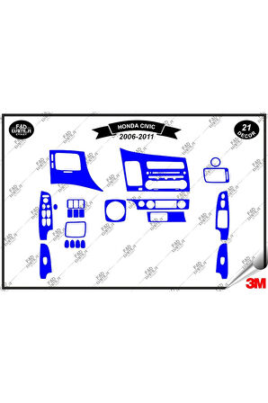 Honda Civic 2006-2011 Torpido Konsol Trim Göğüs Maun Kaplama Set 21 Parça Mavi