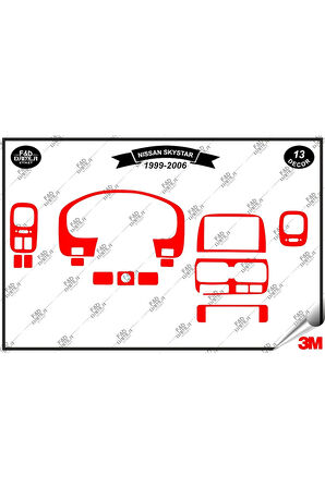 Nissan Pick-Up Skystar 1999-2006 Torpido Konsol Trim Göğüs Maun Kaplama Set 12 Parça Kırmızı
