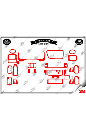 Honda Civic 1995-2001 Torpido Konsol Trim Göğüs Maun Kaplama Set 26 Parça Kırmızı