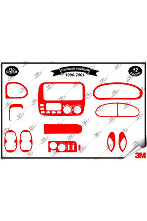 Chrysler Voyager 1996-2001 Torpido Konsol Trim Göğüs Maun Kaplama Set 12 Parça Kırmızı