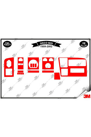Iveco M29 1999-2002 Torpido Konsol Trim Göğüs Maun Kaplama Set 16 Parça Kırmızı