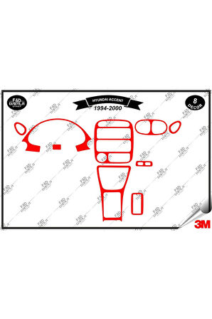 Hyundai Accent 1994-2000 Torpido Konsol Trim Göğüs Maun Kaplama Set 8 Parça Kırmızı