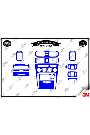 Toyota Corolla 1997-2002 Torpido Konsol Trim Göğüs Maun Kaplama Set 14 Parça Mavi