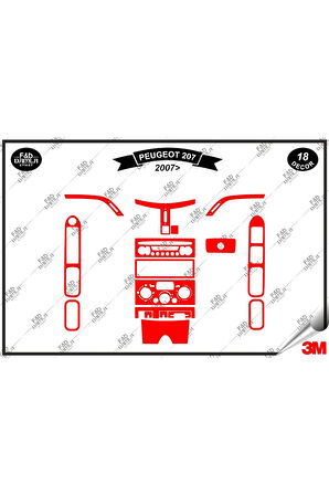 Peugeot 207 (2007) Torpido Konsol Trim Göğüs Maun Kaplama Set 18 Parça Kırmızı