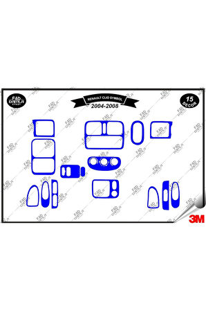 Renault Clio Symbol 2004-2008 Torpido Konsol Trim Göğüs Maun Kaplama Set 15 Parça Mavi