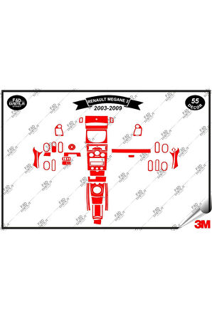Renault Megane 2  Analog 2003-2009 Torpido Konsol Trim Göğüs Maun Kaplama Set 55 Parça Kırmızı