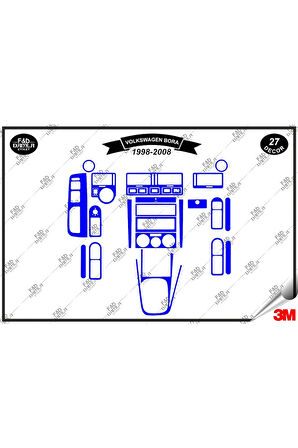 Volkswagen Bora 1998-2008 Torpido Konsol Trim Göğüs Maun Kaplama Set 27 Parça Mavi