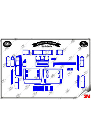 Volkswagen Passat B5 1996-2004 Torpido Konsol Trim Göğüs Maun Kaplama Set 34 Parça Mavi