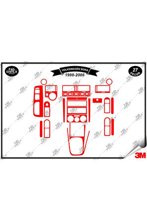 Volkswagen Bora 1998-2008 Torpido Konsol Trim Göğüs Maun Kaplama Set 27 Parça  Kırmızı