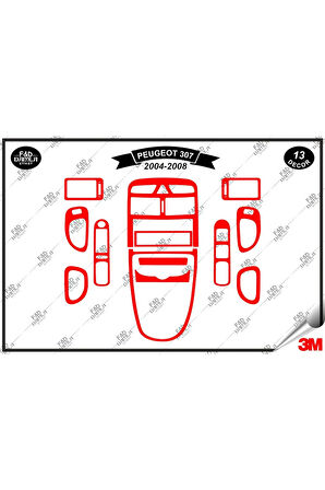 Peugeot 307 2004-2008 Torpido Konsol Trim Göğüs Maun Kaplama Set 13 Parça Kırmızı
