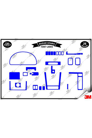 Suzuki Vitara 1997-2005 Torpido Konsol Trim Göğüs Maun Kaplama Set 26 Parça Mavi