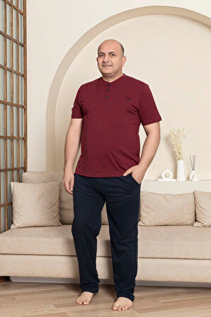 Erkek Geniş Kalıp %100 Pamuk Kısa Kol Cepli Büyük Beden Pijama Takımı