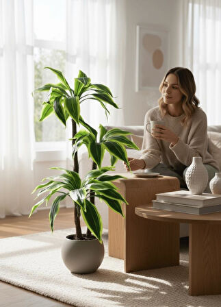 Yapay Ağaç Yukka Sarı Şeritli Draceena Ağacı Mokka Kahve Küre Saksıda 120*50cm 54 Yapraklı