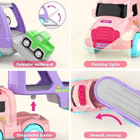 Sürtmeli Sesli Işıklı Araç Taşıyan Pembe Tır (4 Araçlı)